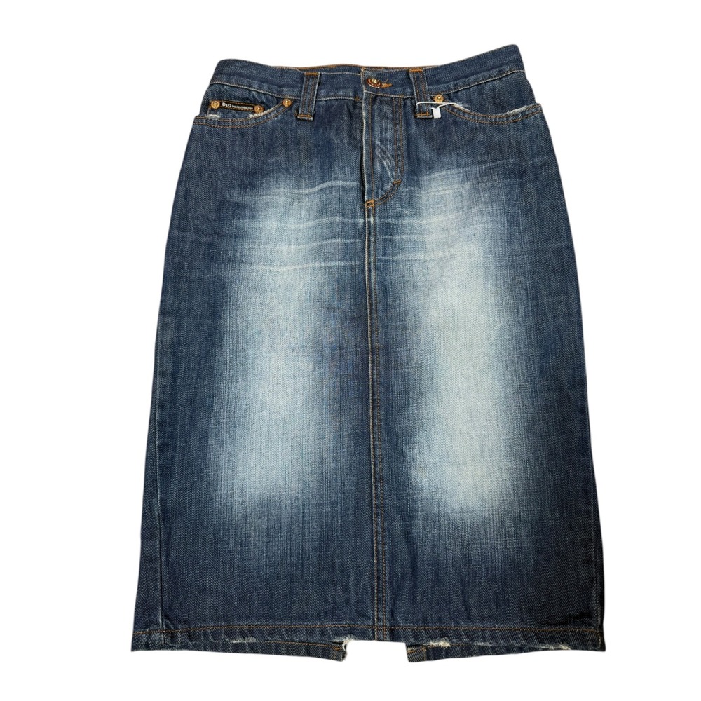 D&G Dolce & Gabbana Vintage Y2K Denim Midi Skirt Rhinestone Logo Blue Size 38 - Picture 2 of 8